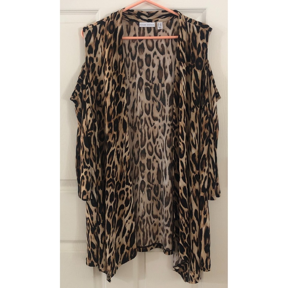 Susan Graver Animal Print‎ Liquid Knit Open Cold Shoulder Cardigan Boho Flowy 2X